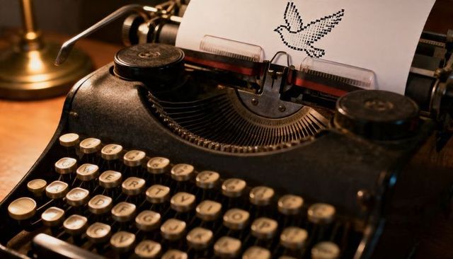 Vintage typewriter with pixel dove and red-black ribbon evoking literary nostalgia