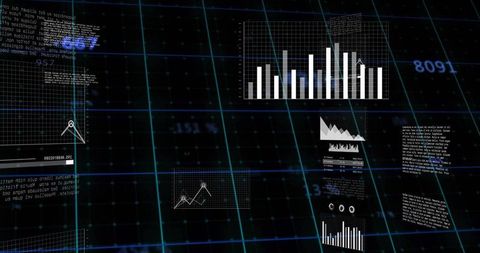 Futuristic Data Visualization Interface Showing Graphs and Analytics