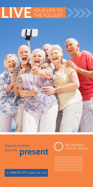 Promoting active aging, a group of joyful seniors takes a selfie, embodying vitality and camaraderie. This template could also suit travel groups or family reunion announcements.