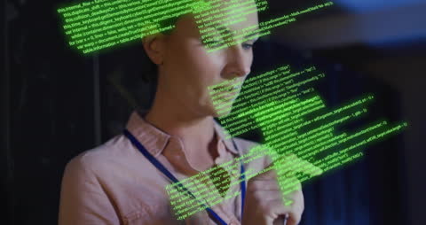 Caucasian Female IT Professional with Holographic Coding Interface