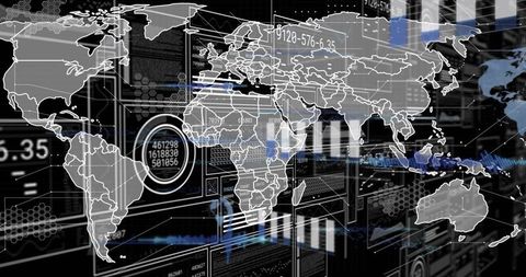 Rotating global data map visualizing real-time analytics and network monitoring interface