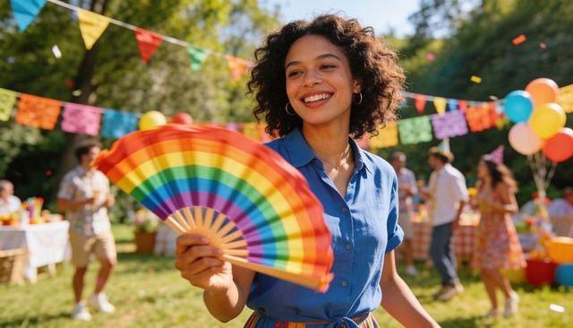 Smiling woman holding rainbow fan at colorful outdoor summer party with festive bunting