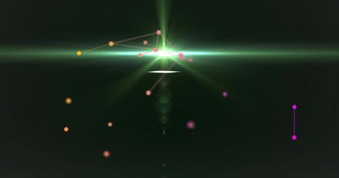 Glowing green lens flare linking colored nodes with minimalist neon bokeh column