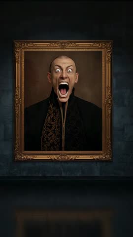 Vertical video showing ornate gold framed portrait contorting into wide-mouthed scream