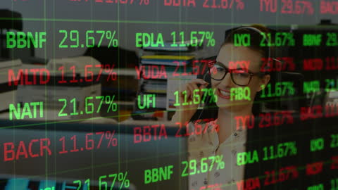 Woman in Office with Overlay of Stock Market Data Symbols