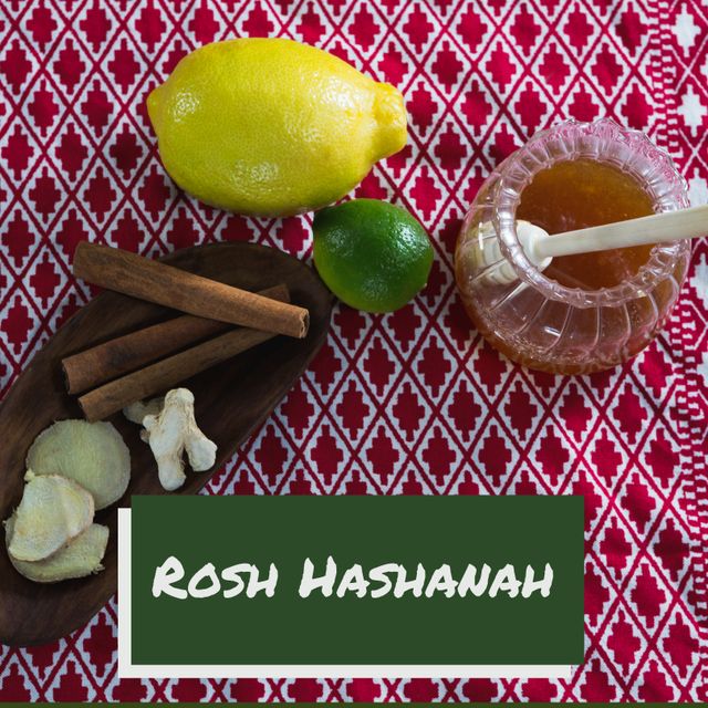 Composite of rosh hashanah text with honey, citrus fruits, cinnamon and ginger on red table - Download Free Stock Videos Pikwizard.com