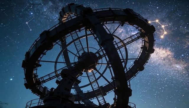 Massive ring observatory silhouette framing milky way and illuminated constellation