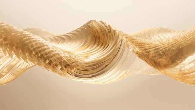 Flowing golden ribbon wave, layered metallic sheer band over soft beige gradient