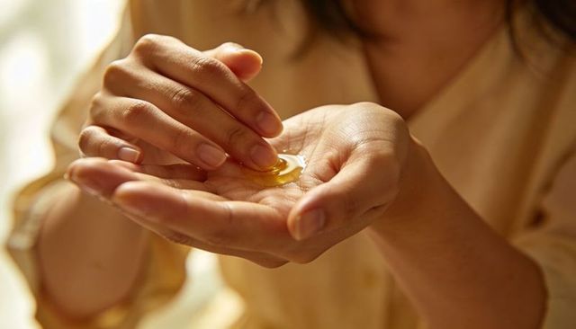 Applying facial oil on hands for dewy glow and natural skincare ritual at home