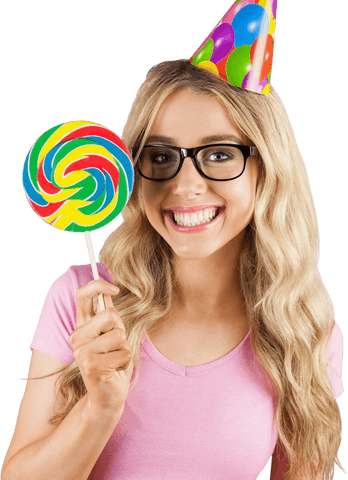 cheerful woman holding lollipop wearing party hat - Download Free Stock Videos Pikwizard.com