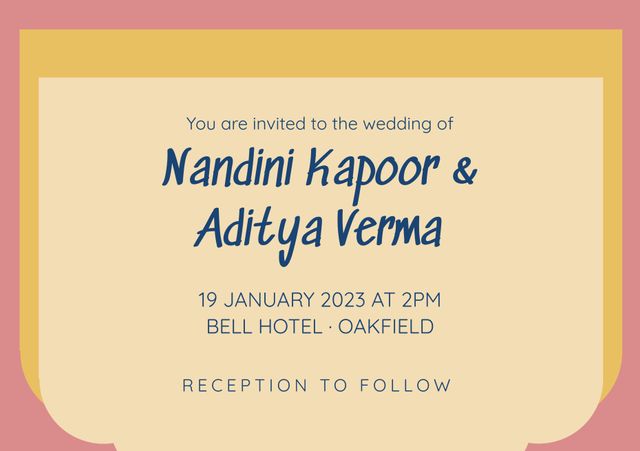 This elegant wedding invitation template features a sophisticated design with stylish typography and pastel color blocks. Perfect for announcing the union of Nandini Kapoor and Aditya Verma, it highlights the event details clearly and concisely. Ideal for multicultural weddings, it provides a timeless feel, exuding romance and elegance. This template is easily customizable to fit other wedding details and can be used for both digital and print invitations.
