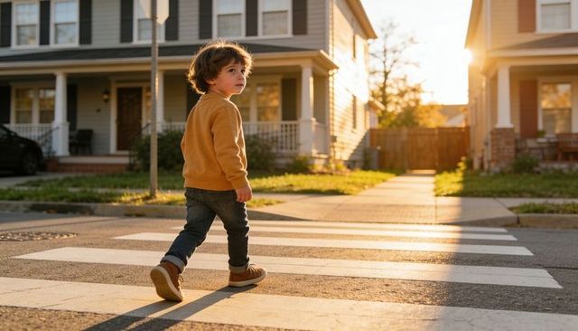 Preschooler walking across suburban crosswalk at golden hour, backlit child looking back