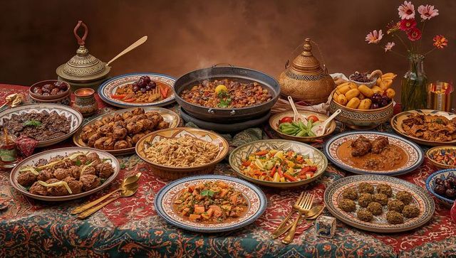 Opulent banquet spread with steaming rice pan, brass teapot and patterned tableware
