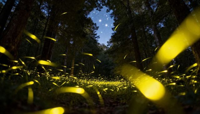 Fireflies glowing and streaking through forest clearing under starry night sky