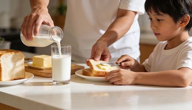 Parent and child making buttered toast and pouring milk for breakfast morning routine