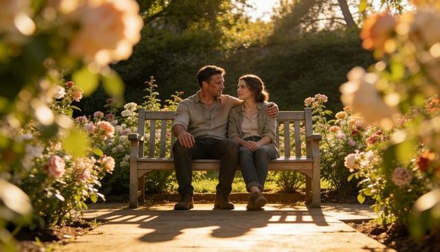 Sunlit couple sitting on wooden bench in rose garden, sharing tender moment at golden dusk