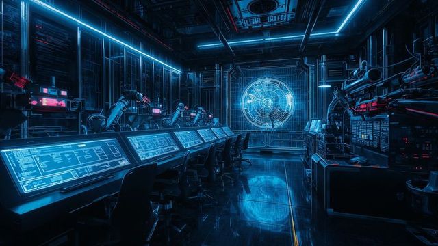 Futuristic holographic sphere in spaceship control room