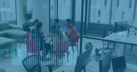 Diverse team collaborates in modern office with digital fintech overlay