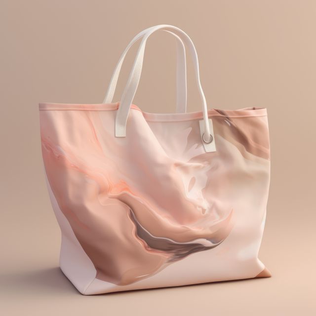 Patterned brown and pink tote bag on beige background, created using generative ai technology. Travel, shopping, fashion accessories and vacations, digitally generated image.