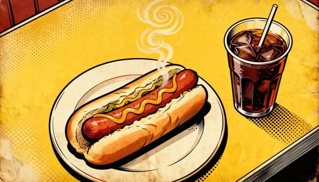 Retro pop art hot dog steaming with mustard and cola on yellow diner tabletop