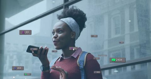 Smiling Woman Using Smartphone with Social Media Interface