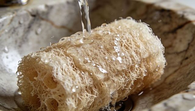 Soaking natural loofah sponge under water in marble basin showcasing porous texture