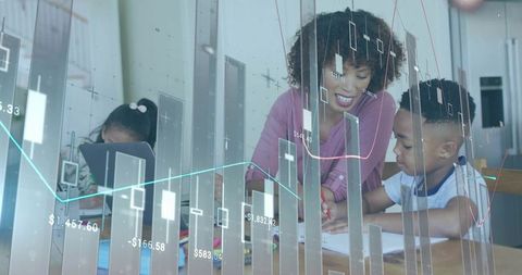 Woman Guiding Child with Homework at Dining Table with Financial Data Overlay