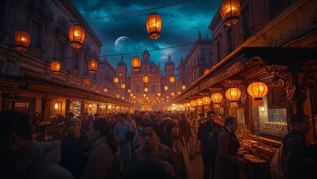 Crowded Night Market with Lanterns and Historic Church Facade