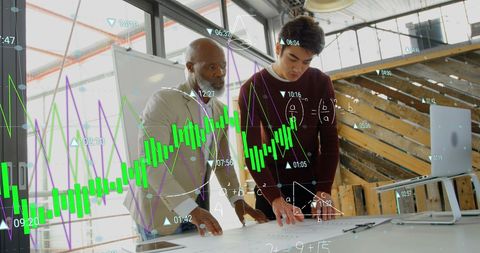 Team Analyzing Financial Data with Futuristic Technology Overlay