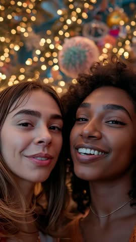 Intimate holiday couple celebrating under twinkling tree lights, exchanging warm smiles