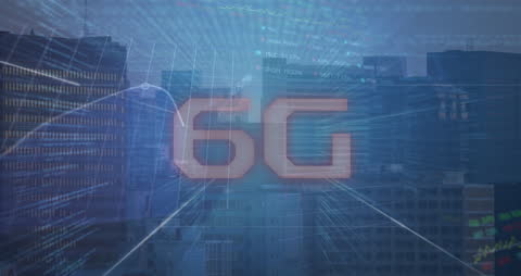 6G Technology Concept Over Cityscape with Digital Data
