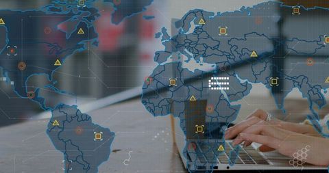 Woman typing on laptop with global digital interface overlay showing world map analytics dashboard