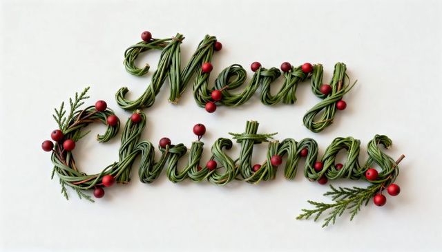 Merry christmas script weaving evergreen strands with red berries flatlay