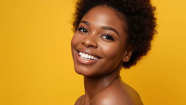 Vibrant beauty portrait of smiling woman with glossy lips, long lashes and natural curls