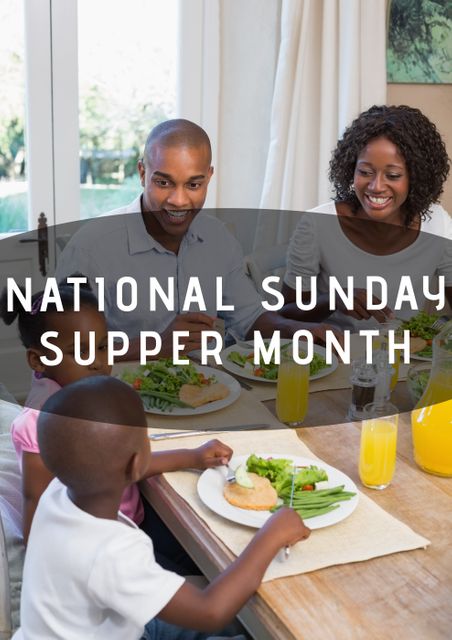 Digital composite image of national sunday supper month text over smiling parents looking at kids. lifestyle, family and celebration.