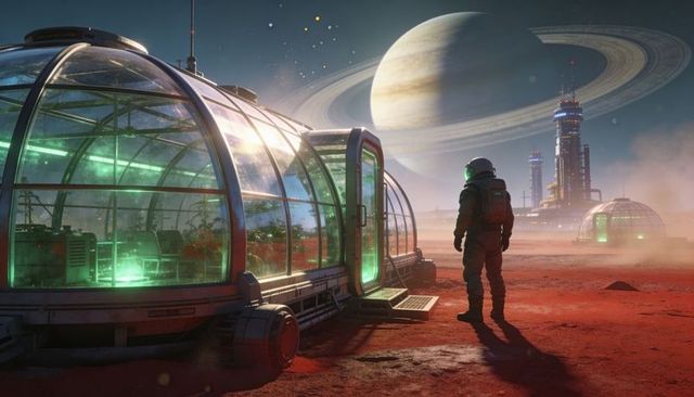 Astronaut standing by hydroponic dome on red planet with ringed gas giant dominating sky