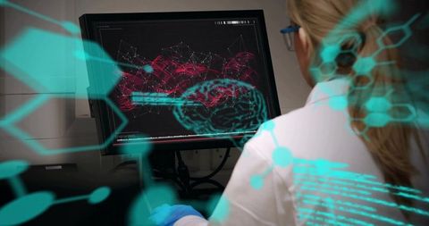 Female Scientist Analyzing Brain Network with Holographic Neural Data Overlay