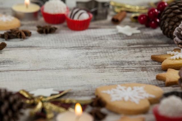 Christmas cookies with festive decorations on a wooden plank. Perfect for holiday-themed designs, greeting cards, festive advertisements, and social media posts celebrating the Christmas season.