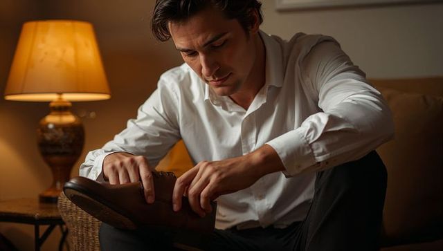 Man adjusting brown leather dress shoe on living room sofa in warm evening lamp light
