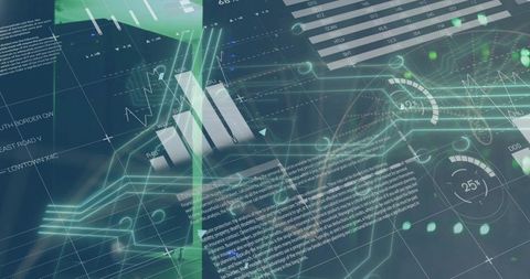 Futuristic data visualization dashboard with bar charts and gauges