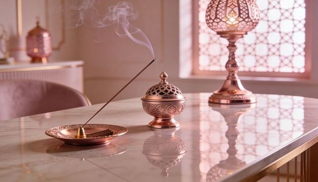Copper incense ritual with filigree burner releasing smoke over polished marble tabletop