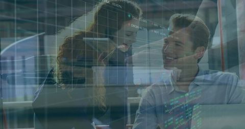 Woman guiding man analyzing live market charts on laptop double exposure teamwork fintech