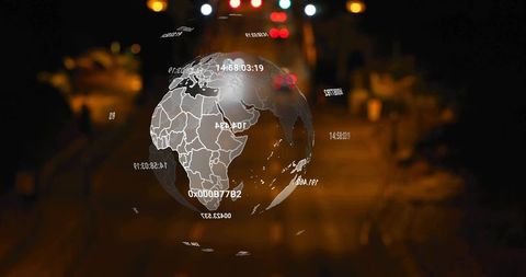 Holographic globe displaying africa map over night urban street with data visualization
