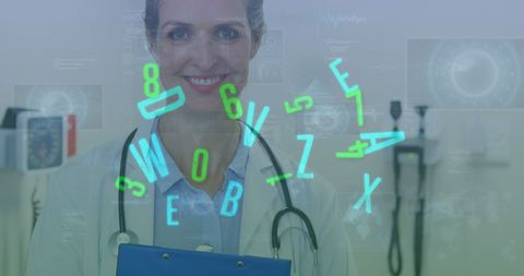 Female Doctor Overlaid with Digital Medical Data Interface