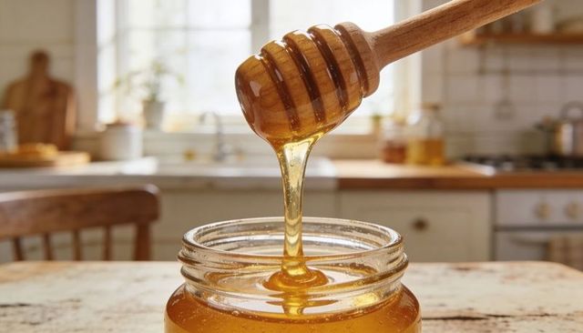 Honey drizzling from wooden dipper into glass jar on rustic farmhouse table
