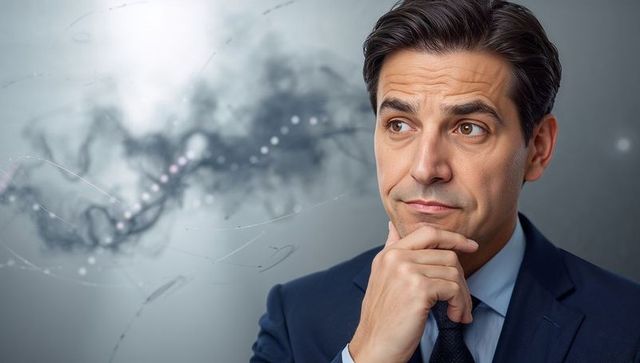 Contemplative businessman holding chin with data waveform background, corporate executive