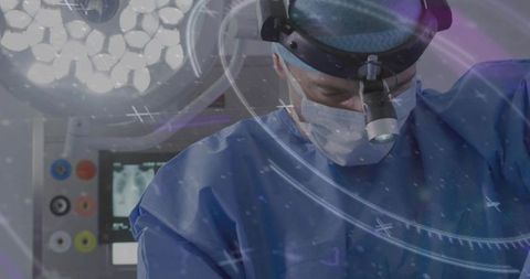 Surgeon performing precision surgery with magnifying loupe and holographic hud overlay