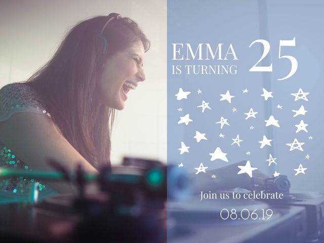 Perfect for birthday party invitations, milestone celebration announcements, or festive posters. This image captures the joy and excitement of a woman celebrating her 25th birthday. The addition of stars and party details makes it ideal for social media posts or event pages.
