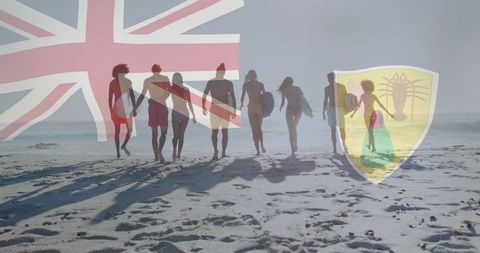 Group of Friends with Surfboards and British Flag at Beach