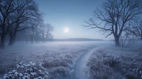 Gliding camera along winding snowy footpath through moonlit mist over frosty winter meadow